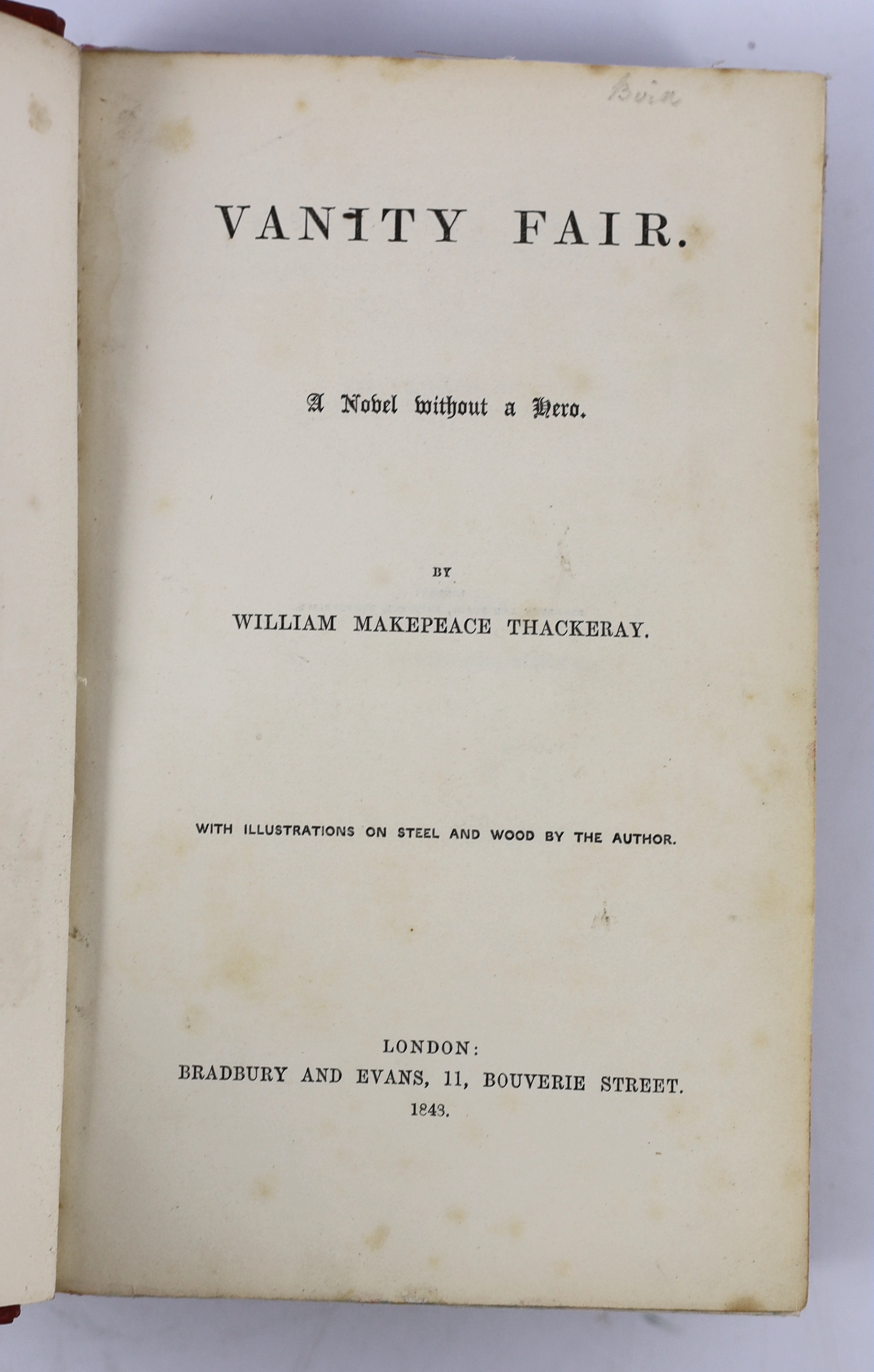 Thackeray, William Makepeace - Vanity Fair. A novel without a hero. First Edition. pictorial engraved and printed titles, frontis. and 38 other plates (by the author), engraved text illus.; later 19th century red half mo